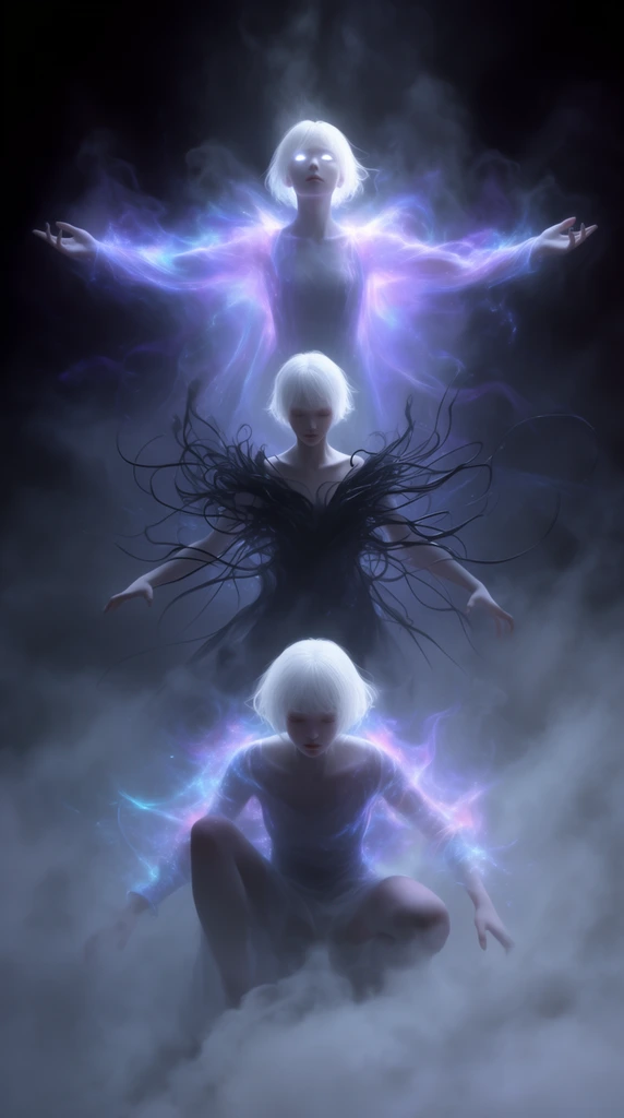 three ascending ethereal figures in a dark void, short white hair, bottom figure crouching, middle figure rising with black tendrils, top figure with outstretched arms and glowing white eyes, heavy volumetric smoke, bioluminescent purple and blue magical aura, cinematic fantasy digital illustration