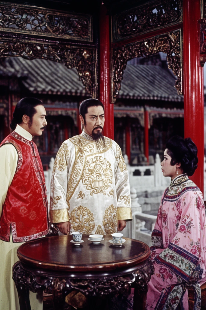 Three figures in ornate traditional Chinese garments converse in a lavish carved wooden pavilion. A stern, goateed man stands center in a gold-embroidered white silk robe, flanked by a standing man in a red vest and a seated woman in a pink floral dress. The cinematic 1970s film shot features a rich technicolor palette, red lacquered pillars, a dark wood table with teacups, and a deep-focus view of an outdoor courtyard with white stone railings and tiled roofs.