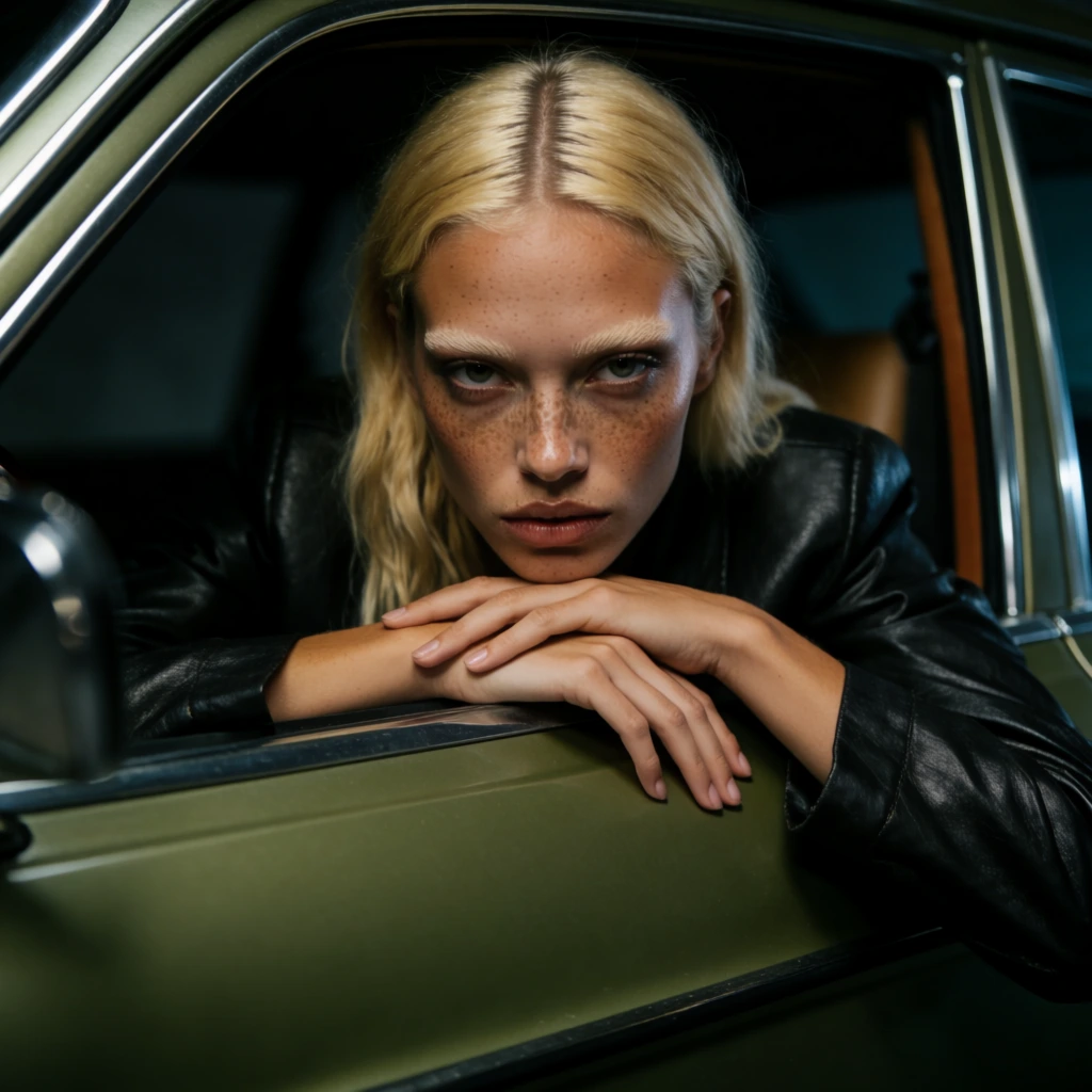 blonde woman with bleached eyebrows and freckles, intense gaze, resting chin on crossed hands at open vintage olive green car window, black leather jacket, moody dramatic lighting, cinematic fashion photography, shallow depth of field, dark blurred background