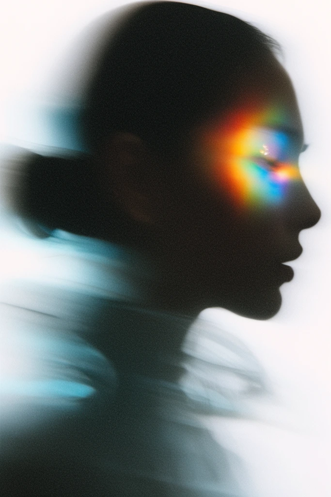 A heavily blurred profile silhouette of a person with a hair bun against a blown-out white background. Ethereal cyan and grey long-exposure motion trails sweep horizontally. A vibrant prismatic rainbow flare isolates the eye area within the dark, heavily grainy composition.