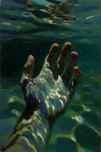 Luminous Impasto Waters style reference image — shimmering water caustics