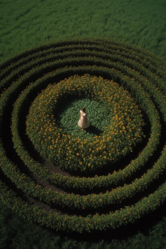 Surrealist Topiary Labyrinths style reference image — theatrical dreamscape