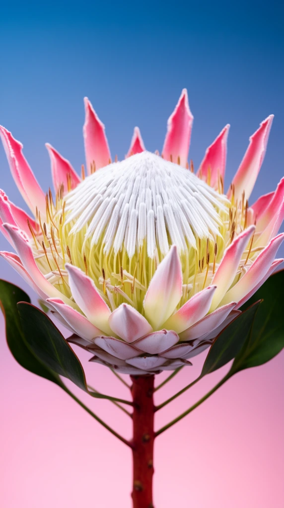 king protea flower, fuzzy white central dome, yellow stamens, pointed petals with pink tips, reddish-brown stem, smooth blue to pink gradient background, macro studio photography