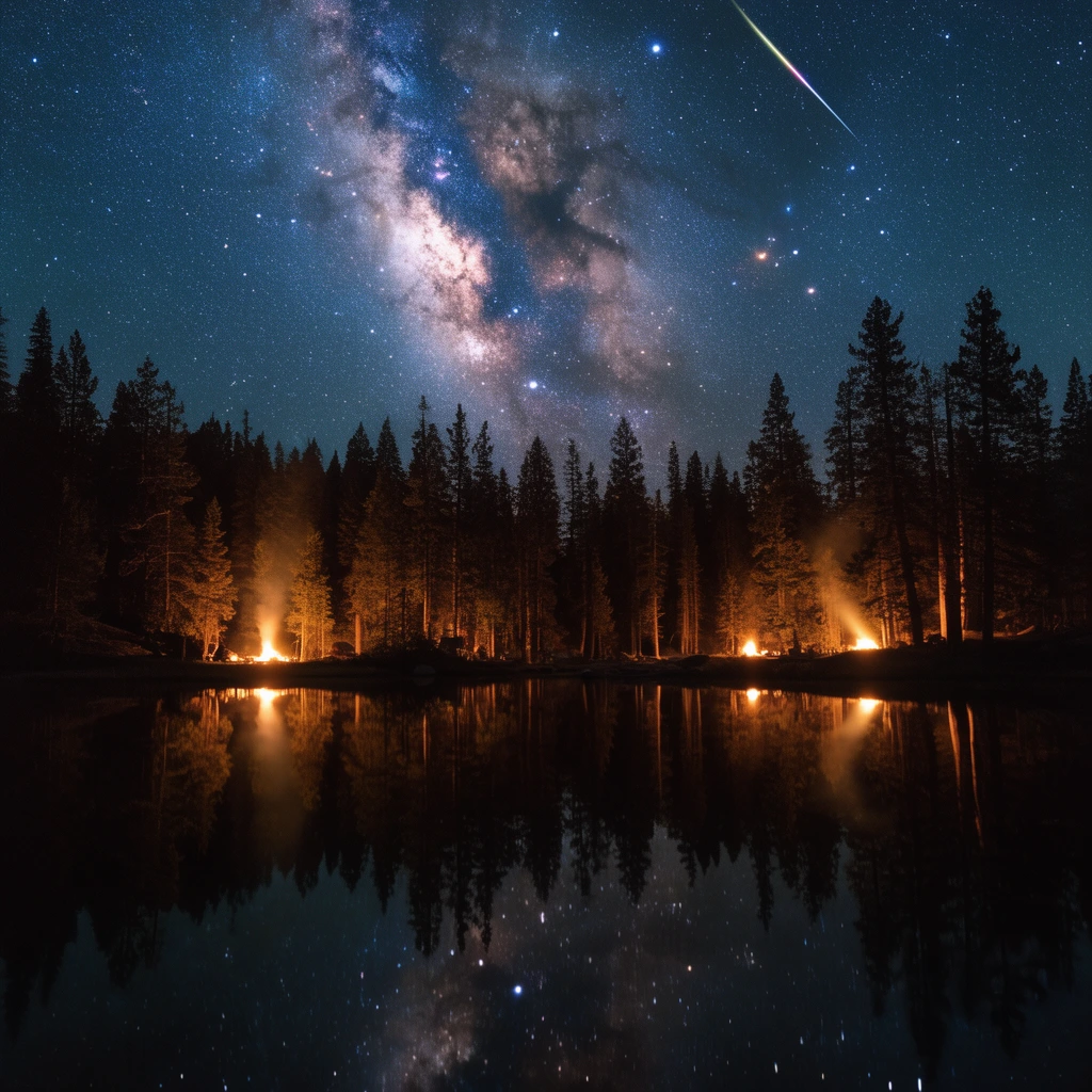 Vibrant Milky Way and shooting star in a night sky, silhouetted pine forest, glowing campfires among trees, mirror reflection on a dark still lake, long exposure astrophotography