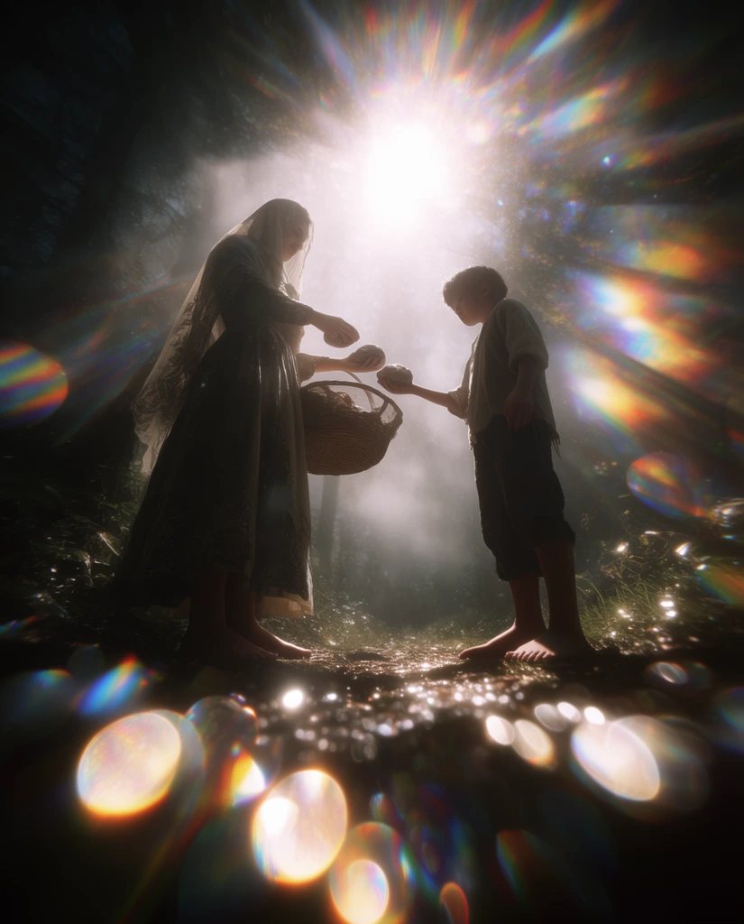 A barefoot woman in a veil holds a basket and hands round objects to a barefoot boy between trees, immersed in a dramatic, heavily flared cinematic atmosphere. The figures are captured from an extreme low-angle perspective looking sharply upward toward a blinding, intense white light source at the top center. Dense volumetric mist diffuses the bright illumination, creating heavy backlighting and deep, dark ambient shadows around the edges of the forest setting. The composition is heavily dominated by massive, vivid rainbow lens flares, severe chromatic aberration, and oversized glowing prismatic bokeh circles floating in the out-of-focus extreme foreground. The visual aesthetic mimics a high-fidelity 3D render, featuring extreme macro-style depth of field, glistening high-specular highlights on the environmental surfaces, heavy light bloom, and an ethereal, high-contrast finish.