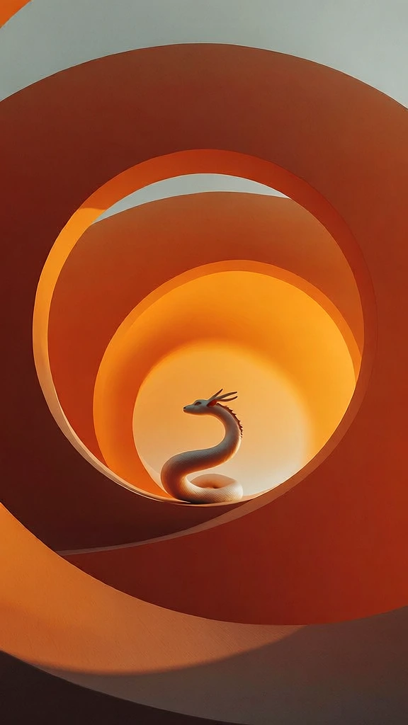 a small elegant serpentine dragon-like creature perched within a vast minimalist architectural void, nested concentric circular portals creating deep linear perspective, hyper-saturated monochromatic cadmium orange and burnt ochre color palette, soft-focus internal luminescence, light and space movement aesthetic, james turrell-inspired diffused golden glow, smooth matte satin-finish surfaces, high-key amber atmospheric lighting, ethereal serenity, clean geometric curves, minimalist composition.