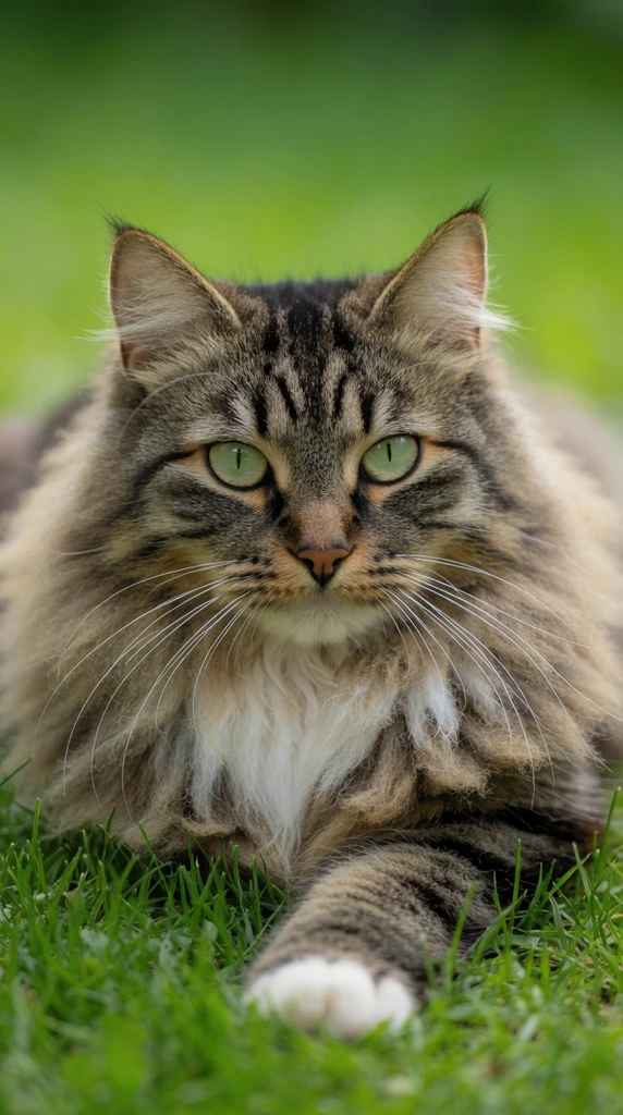 A close-up portrait of a long-haired brown tabby cat resting on vibrant green grass. The feline features striking pale green eyes, dark ear tufts, long white whiskers, and a voluminous ruff of pale neck fur. One white paw extends forward. Soft natural daylight illuminates the textured fur against a smoothly blurred, shallow depth-of-field background of lush verdant foliage, keeping the cat's face in sharp focus.