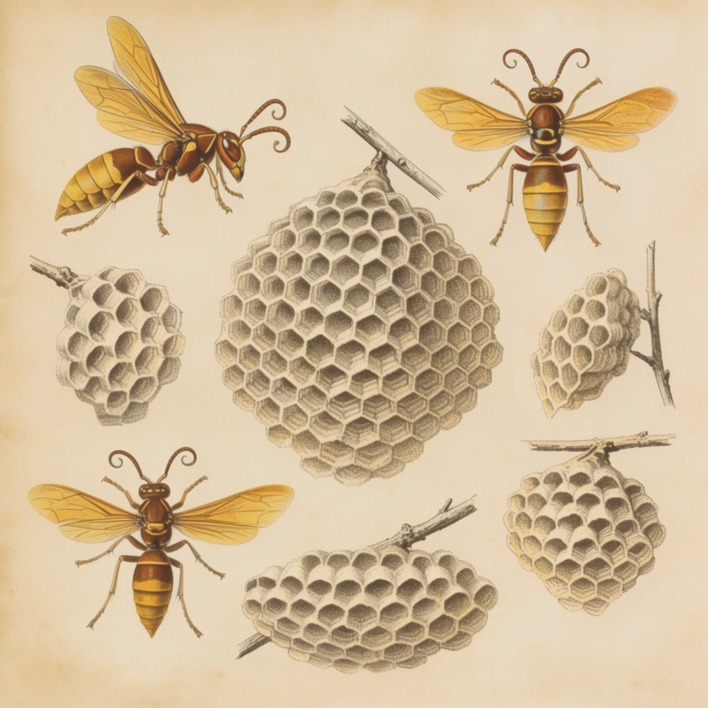 A vintage biological lithograph on aged beige parchment displaying three wasps and six hexagonal cellular nests. The insects feature segmented brown and yellow bodies, translucent golden wings, and curled antennae. One wasp is illustrated in profile with raised wings, while two are depicted top-down with wings spread. The nests showcase intricate, honeycomb-like papery textures rendered with precise stippling and fine linework, with several anchored to small twigs. A large umbrella-shaped nest dominates the center, surrounded by smaller clusters, angled side-profiles, and a wide elongated structure at the base. The scattered, meticulously balanced composition utilizes a muted, earthy color palette of ochre, sepia, and warm greys typical of antique natural history reference plates.