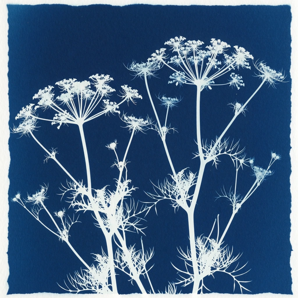 A cyanotype print showcases two large, white botanical silhouettes of umbelliferous plants against a deep navy blue background. The plants, resembling Queen Anne’s Lace or dill, feature tall, slender stems that rise from the bottom edge, branching out into intricate, radial flower heads at the top. Each flower head consists of numerous thin stalks radiating from a central point, ending in delicate, lace-like clusters of tiny blossoms. The plant on the left is slightly shorter and angled toward the left, while the plant on the right stands taller and more upright. Finer, feathery foliage and thinner stems emerge from the base and middle sections of the main stalks, filling the lower portion of the frame with a complex web of white lines. The background is a solid, textured navy blue that exhibits the characteristic matte finish of a sun-print on paper. The image is framed by a thin, uneven white border that highlights the deckled edges of the paper. The lighting is uniform, creating a high-contrast, two-tone graphic effect with no shadows or highlights. The composition is vertical, with the subjects centered and filling most of the frame, captured from a straight-on perspective.