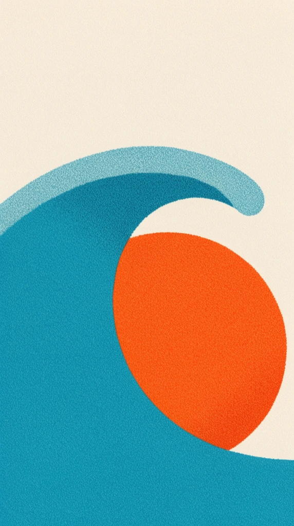 A minimalist abstract illustration of a teal wave curving over a bright orange circle against a cream background. The composition features smooth, geometric shapes and a flat perspective. A heavy, uniform stippled grain texture covers all elements, creating a risograph print aesthetic. The stylized wave sweeps upward from the bottom left, its rounded crest partially obscuring the orange form. The limited color palette highlights the contrast between the vibrant cyan, warm orange, and off-white space.