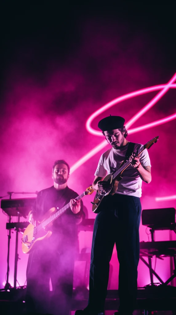 Two musicians perform on a fog-filled concert stage saturated in intense magenta and pink lighting. In the right foreground, a guitarist wearing a black beret, white t-shirt, and dark trousers looks downward while strumming a dark-bodied electric guitar. To his left, a bearded bassist plays a light-colored bass, slightly out of focus through the brightly illuminated stage smoke. A large, abstract, bright pink neon light tube sweeps across the dark backdrop. Electronic keyboards on stands form dark silhouettes against the hazy background at the left and right edges. Captured from a low angle, the vibrant live photography features deep shadows, high contrast, and cinematic spotlights piercing the dense atmospheric mist.