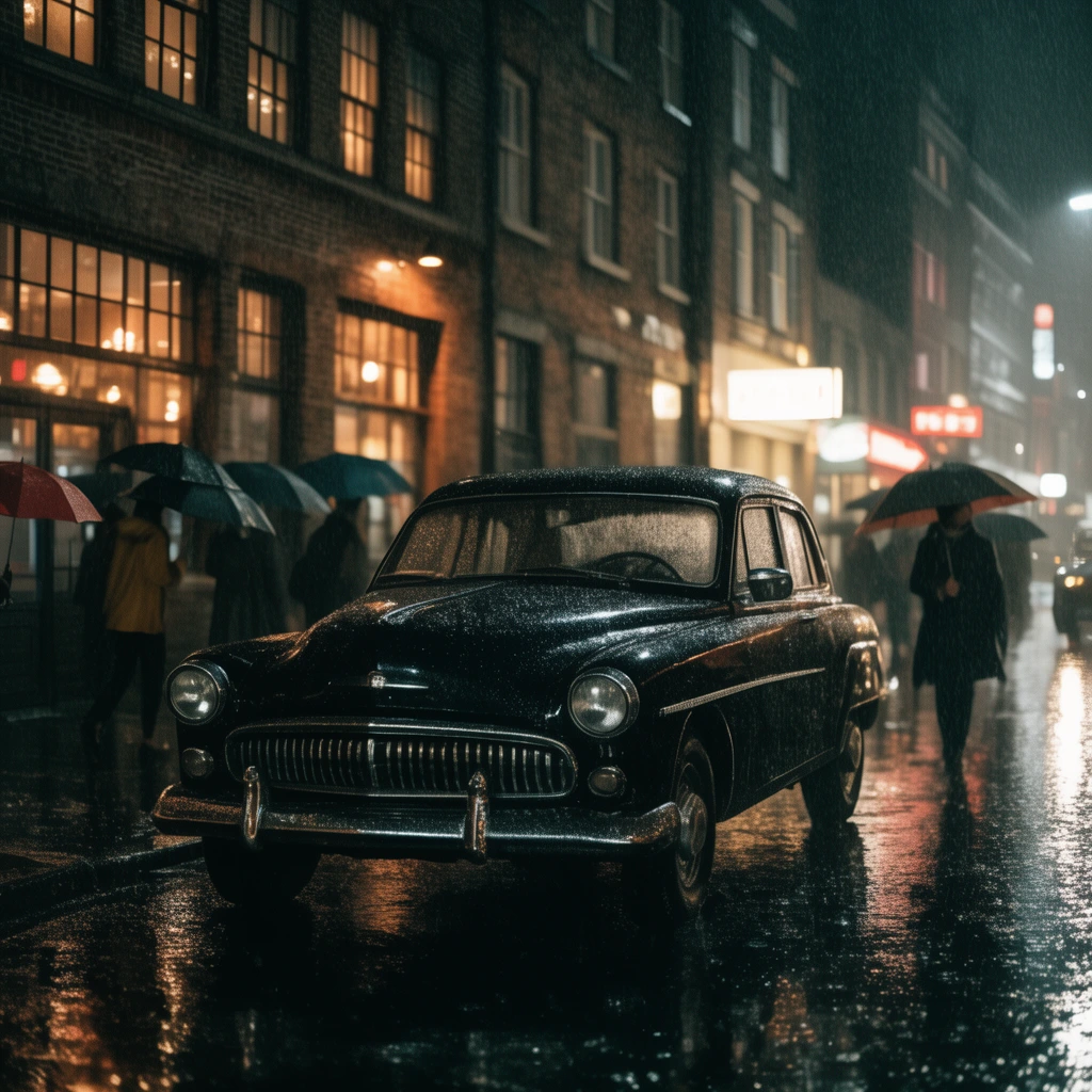 Vintage black car on dark wet rainy city street at night, pedestrians holding umbrellas, brick buildings, warm glowing windows, illuminated signboards, cinematic lighting, moody reflections
