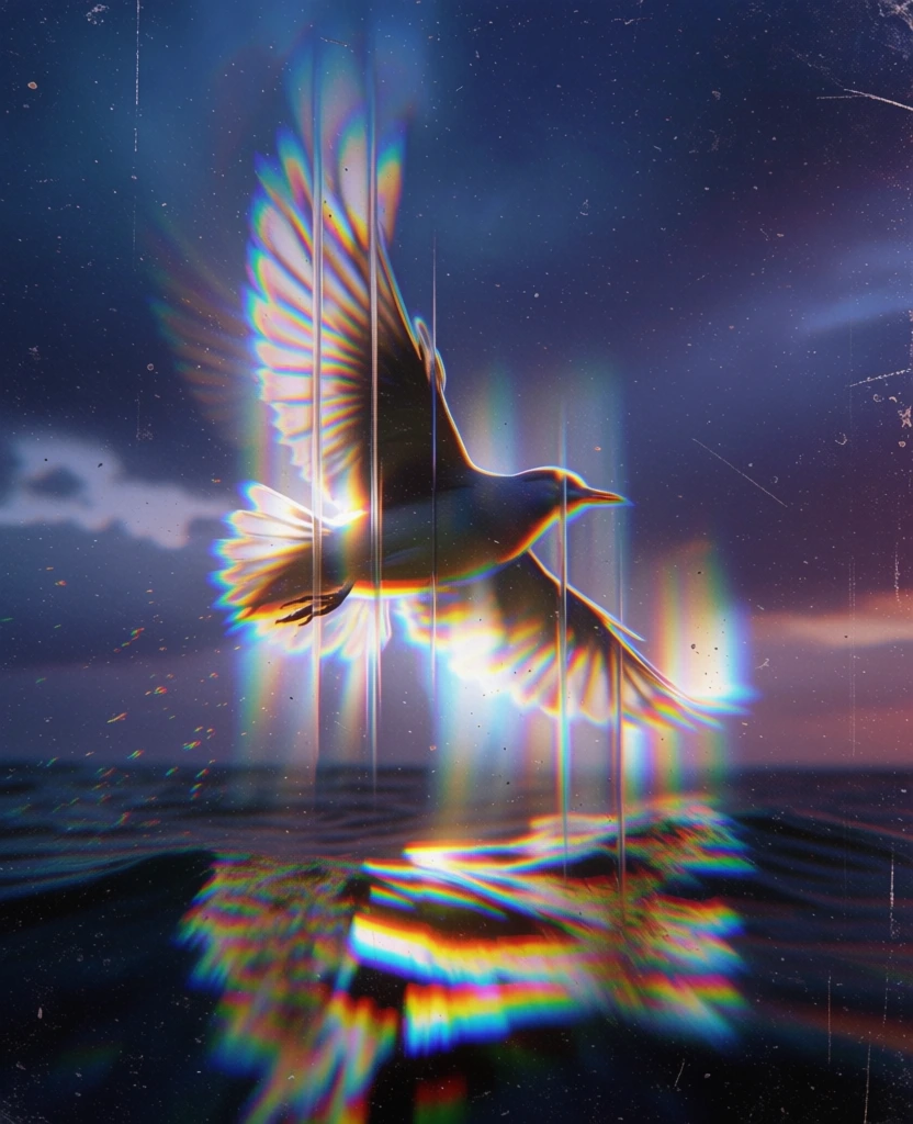 a single bird in mid-flight over dark undulating water, subject fractured by intense prismatic diffraction and vertical spectral banding, heavy chromatic aberration, set against a moody indigo and violet storm sky, thick analog film grain with dust and scratch artifacts, ethereal internal luminescence, high-contrast chiaroscuro lighting, vibrant iridescent distortions, digital glitch textures, low-key cosmic atmosphere, hyper-saturated spectral highlights.