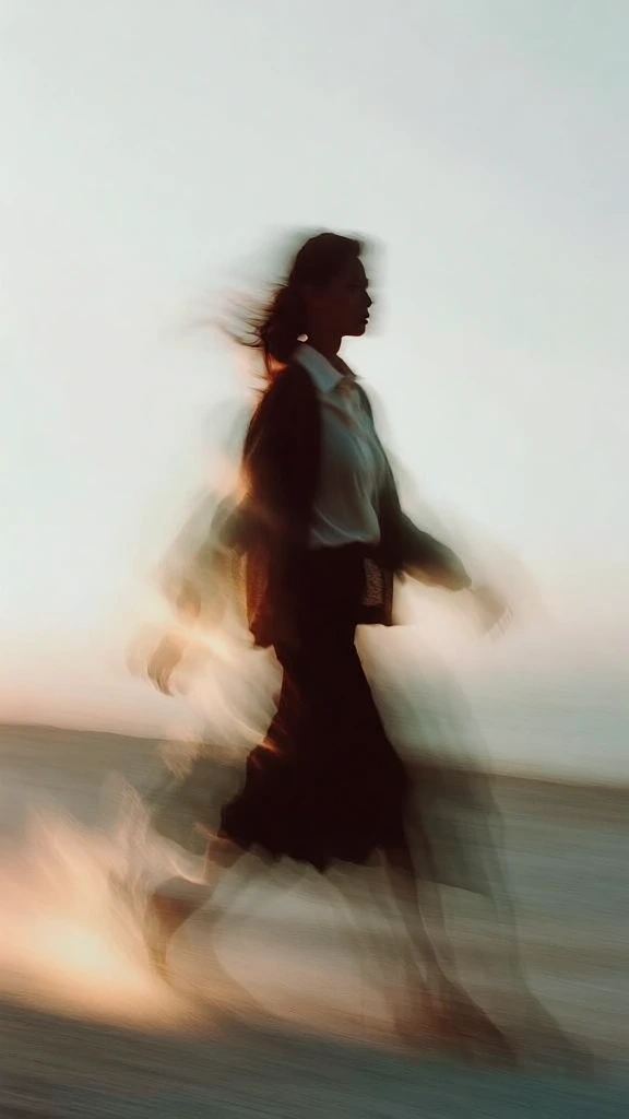 intentional camera movement, long exposure, ethereal silhouette of a woman in a collared shirt and cardigan, ghostly motion trails, brisk side-profile movement, high contrast between dark figure and high-key desaturated background, painterly soft-focus, minimalist composition, desaturated teal and charcoal palette with warm light glows, fluid abstract energy, rhythmic blurring, filmic grain, evocative and dreamlike mood.