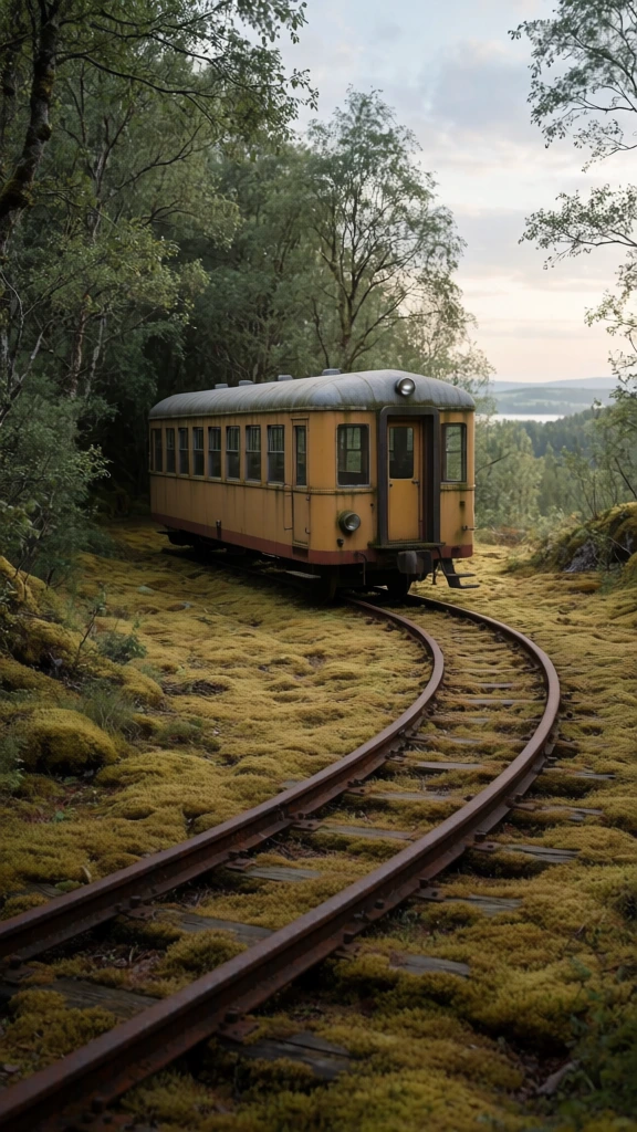 cinematic wide shot of a vintage passenger train car on a rusted curved track, lush mossy forest floor, earthy color palette of deep browns and mustard yellows, soft diffused natural light, moody overcast atmosphere, fine film grain, tactile weathered metal, low-angle perspective, overgrown grass and forest detritus, surreal landscape, desaturated greens, artistic composition, whimsical yet melancholic mid-century aesthetic, grounded cinematic realism