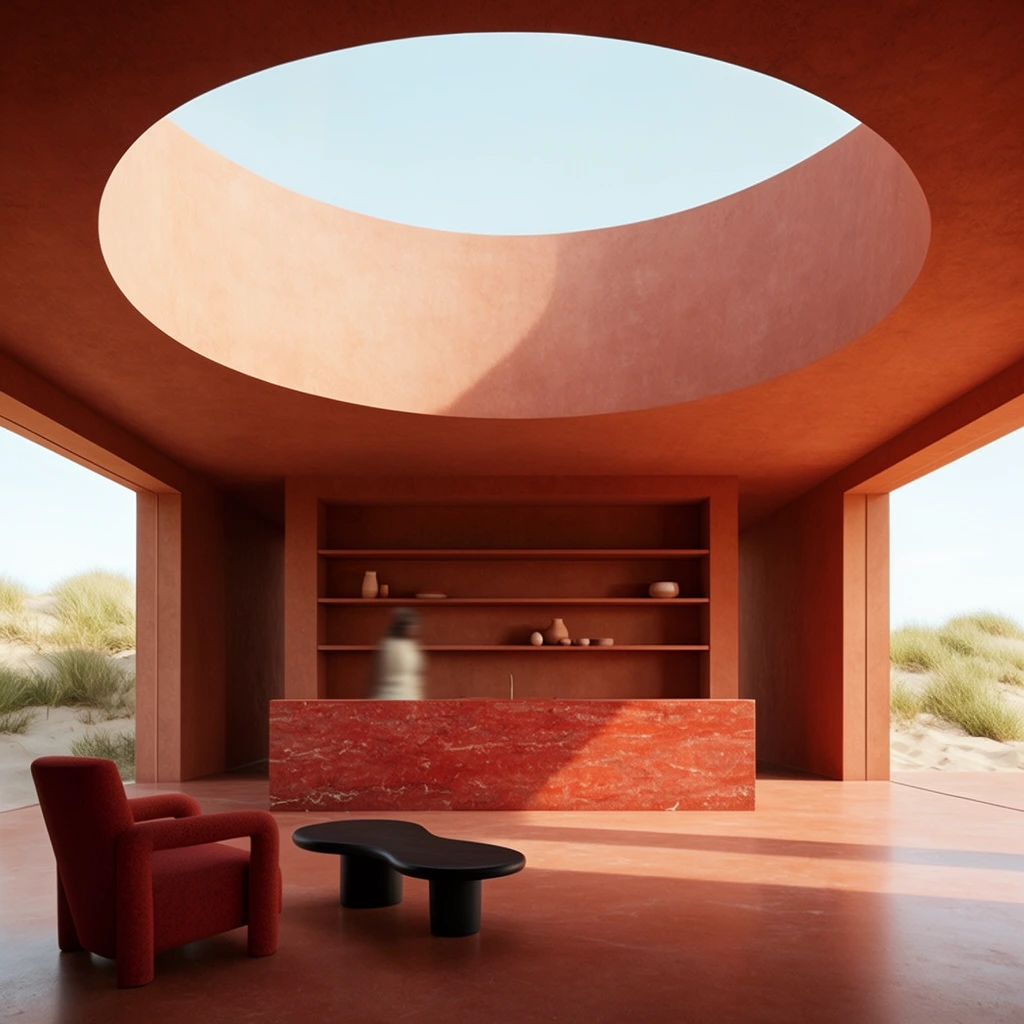 A minimalist terracotta interior defined by a massive circular skylight framing a pale blue sky. A solid, veined red stone counter anchors the space, backed by built-in shelves holding sparse ceramics and a blurred figure in motion. A chunky reddish armchair and a low, black kidney-shaped table occupy the foreground. Wide architectural openings reveal bright, grass-covered sand dunes, bathing the warm, monochromatic geometric space in stark natural sunlight.
