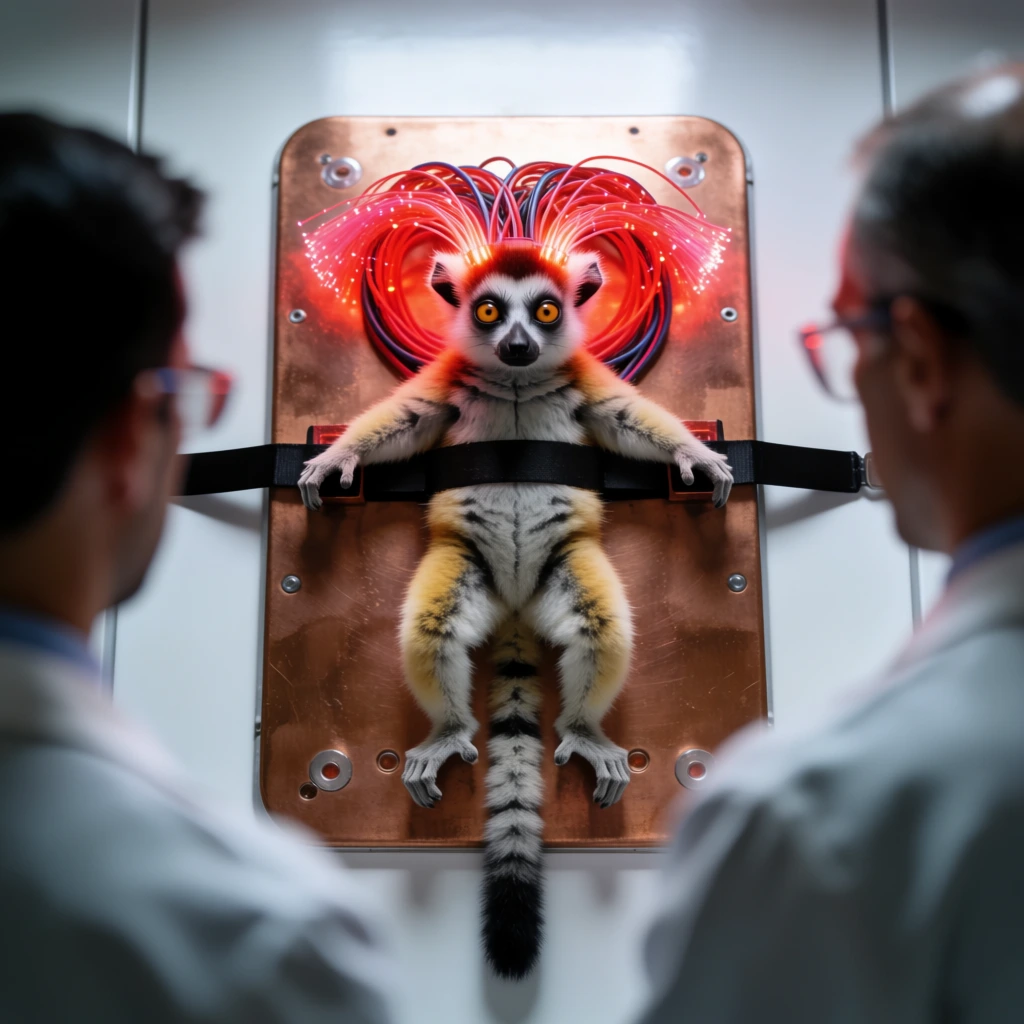 small furry lemur strapped to vertical copper medical board, glowing red fiber optic cables on head, sterile white room, blurred foreground scientists, overhead angle, cinematic sci-fi lighting