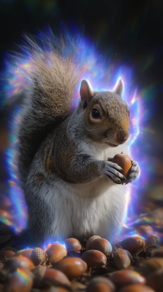 photorealistic grey squirrel holding an acorn in its front paws, sitting on a bed of scattered brown acorns, fluffy bushy tail curving upward, intense iridescent spectral aura outlining the subject and foreground elements, glowing electric blue and vibrant purple chromatic aberration, holographic fringing, surreal light leaks, hyper-detailed fur, deep dark blurred background