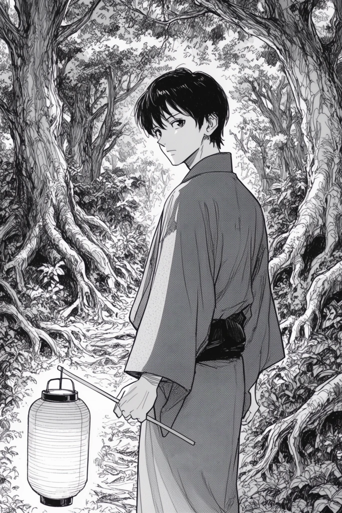 A monochrome manga-style illustration of a young man in a dense forest glancing backward over his shoulder. He wears a traditional kimono with a dark obi and holds a cylindrical paper lantern by a slender stick. The scene is rendered with intricate pen-and-ink linework, depicting massive gnarled tree trunks, twisting roots, and a chaotic canopy of layered foliage. Halftone screentones add textured shading to the clothing, the lantern's subtle glow, and the highly detailed woodland environment.