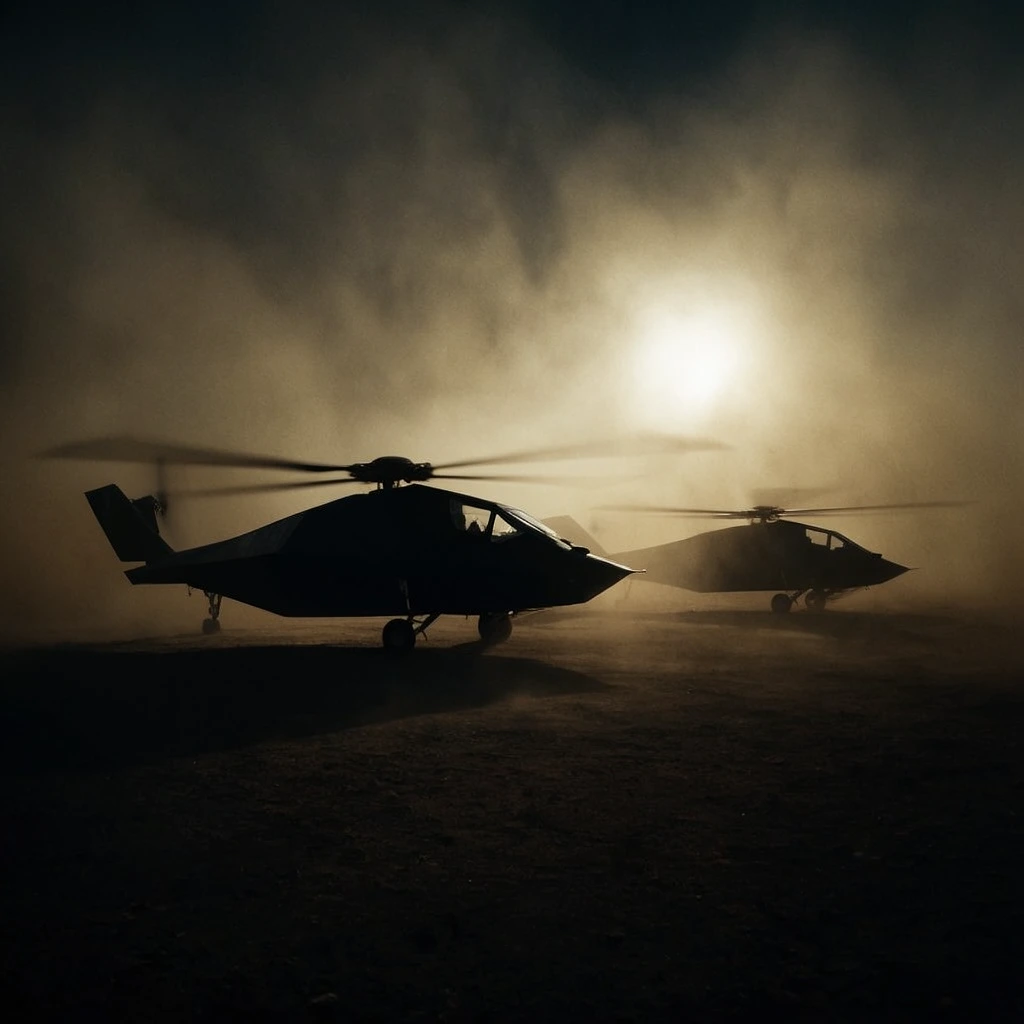 silhouettes of two stealth military helicopters resting on flat dirt, rapidly spinning rotor blades blurred by motion, dense dust storm enveloping the scene, sharply angular black fuselages, backlit by a brilliant yellowish-white glowing light source piercing the heavy fog, thick atmospheric haze scattering the warm light, deep black shadows dominating the foreground, cinematic low-key lighting, wide low-angle perspective, gritty suspenseful mood