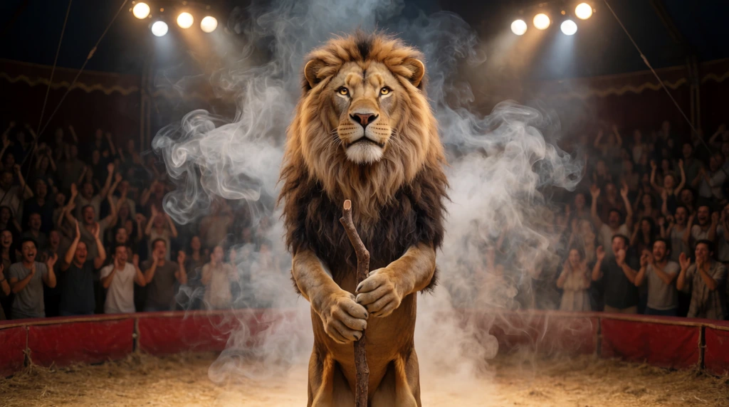 bipedal male lion standing upright on hind legs, holding a wooden stick with human-like hands, thick dark mane, circus arena, swirling smoke, overhead spotlights, blurred cheering crowd, red barrier, surreal cinematic photography