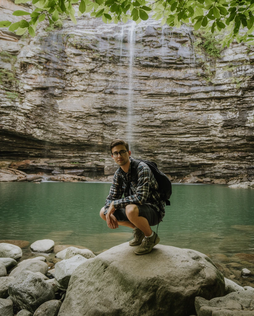 young man crouching on a large boulder, wearing glasses, plaid flannel shirt, dark shorts, black backpack, looking toward the camera, situated in front of a calm emerald-green natural pool, tall horizontally striated rock cliff in the background, thin wispy waterfall cascading down the center of the cliff face, framed by green leaves overhanging at the top edge, scattered river rocks in the lower foreground, natural diffused daylight, outdoor adventure photography, wide angle perspective, earthy color palette of gray, brown, and green