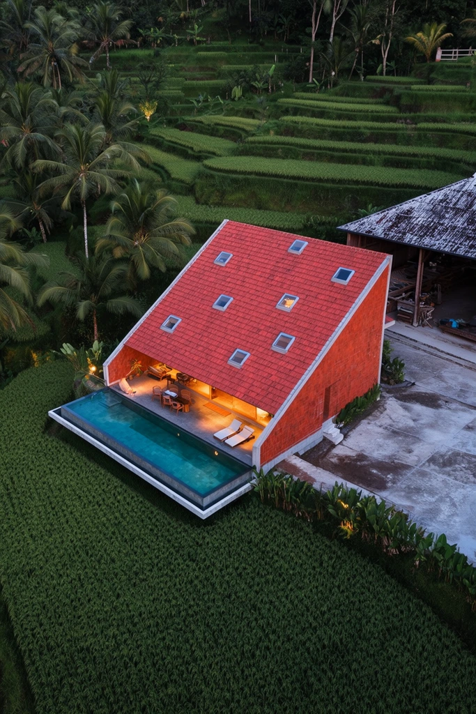 aerial view of a modern wedge-shaped building amid lush terraced rice paddies, sweeping red tile roof with scattered square skylights, open-air patio glowing with warm light, rectangular infinity pool jutting into the crops, tropical palm trees, adjacent rustic farm structure with a weathered roof and concrete courtyard, twilight ambiance, vibrant terracotta contrasting with deep greens, architectural drone photography