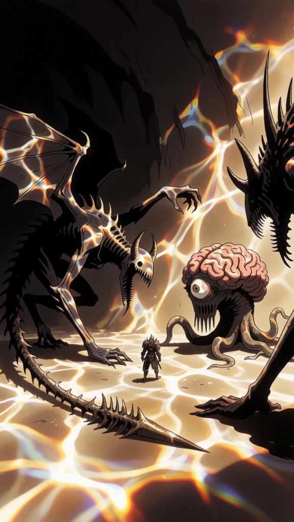 skeletal winged monster with spear-tipped tail on left, brain-like creature with one eye and tentacle legs beside it, spiky beast at right edge, tiny armored figure in distant stalactite cave, all overlaid with amber water caustic projections, high-contrast chiaroscuro with deep indigo shadows and luminous orange highlights, heavy stippled film grain, ethereal glow, minimalist cream-hued backdrop, surreal 1970s analog aesthetic, dreamlike textures, soft focus.