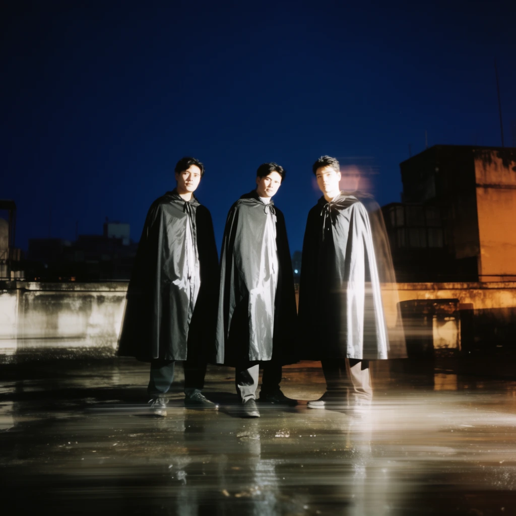 Three caped men stand on a wet, reflective city rooftop illuminated by harsh, direct frontal flash photography against a deep, solid navy-blue night sky. The figures stand positioned centrally, their capes and forms catching the stark, high-contrast flash that creates bright highlights and deep, sharp shadows. A pronounced horizontal motion blur effect streaks across the entire foreground of the wet rooftop and creates a distinct, semi-transparent ghosting trail along the right edges of the men. Warm, amber-toned ambient light illuminates dark architectural structures on the right side of the background, contrasting with the cold brightness of the foreground. The mid-level, straight-on framing captures the scene using a slow shutter speed combined with the flash, resulting in a cinematic nighttime aesthetic characterized by distinct horizontal streaking artifacts across the reflective ground.