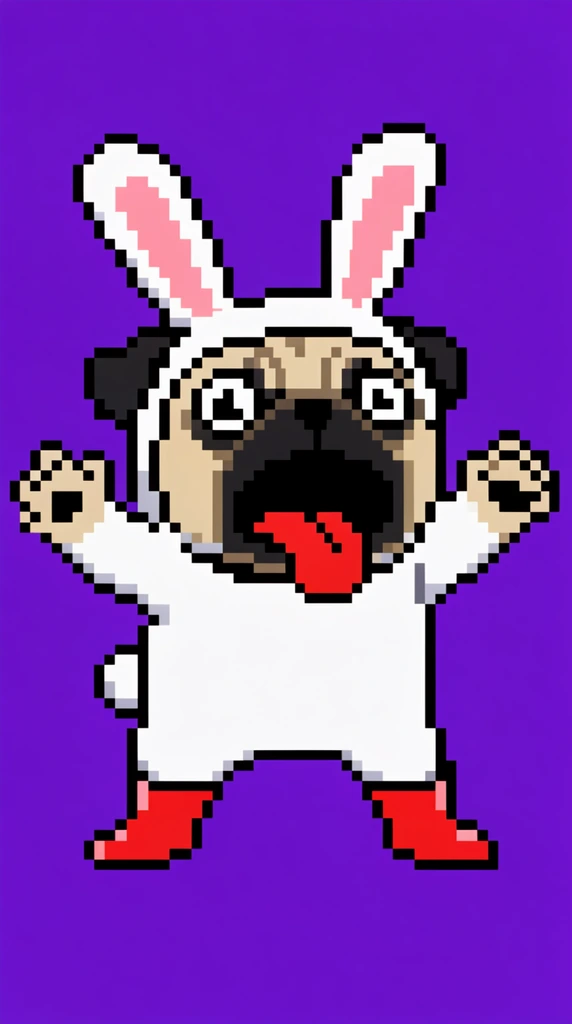 retro pixel art character of a screaming pug in a white bunny costume, wide open mouth with a hanging red tongue, panicked expression, raised arms with splayed paws, bright red boots, thick black pixel outlines, solid vibrant purple background, 8-bit video game sprite aesthetic