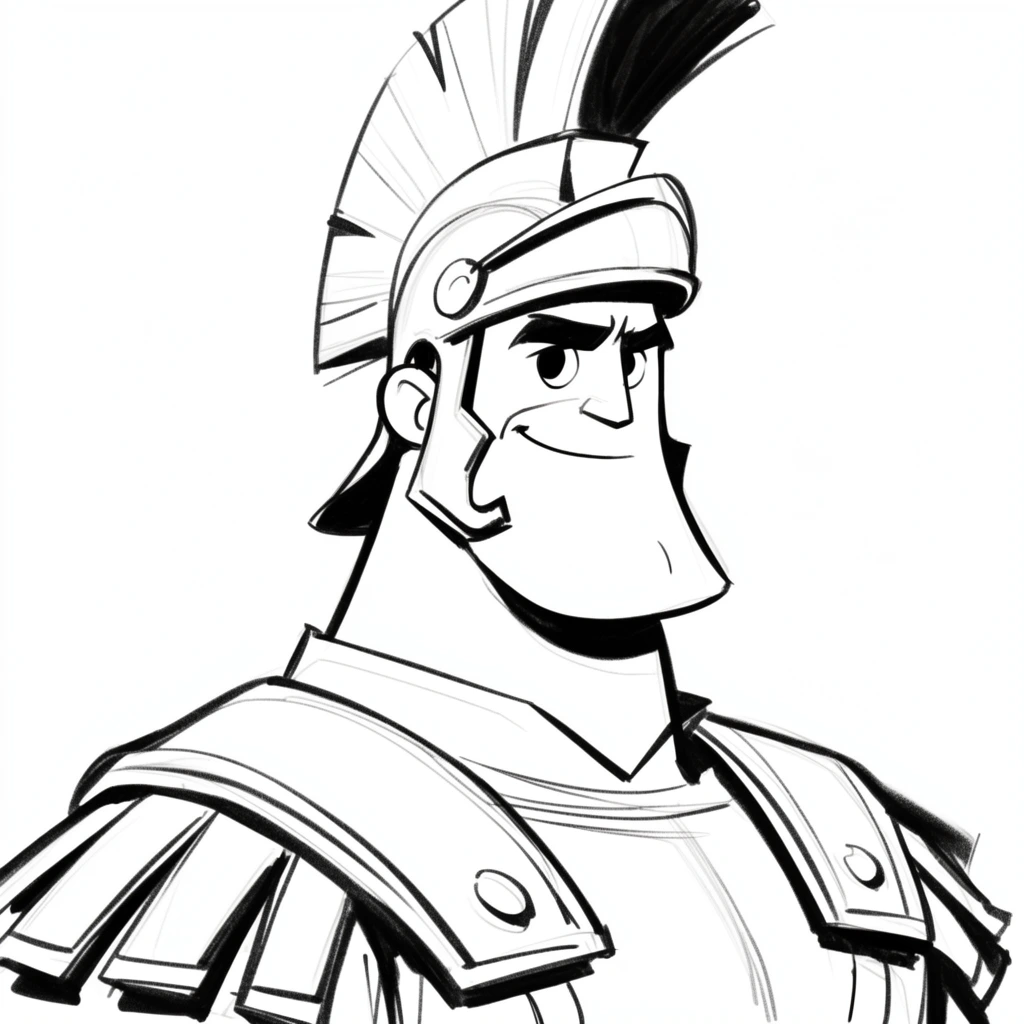 stylized black and white cartoon sketch of a muscular Roman centurion, exaggerated strong jawline, confident smirk, wearing a crested plumed helmet and layered shoulder armor, digital ink drawing, bold dynamic line weight, clean outlines, solid black shadow accents, character design concept art, plain white background