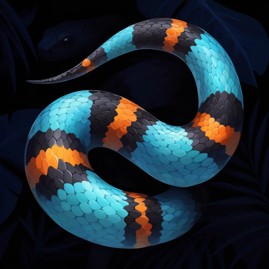 A bright cyan, black, and orange banded snake body coils in a sleek S-shape against a pitch-black background. The digital illustration features prominent, overlapping rounded scales with smooth gradient shading for a three-dimensional effect. The brightly illuminated, tapering serpentine form contrasts sharply with the dark environment, where faint navy blue silhouettes of tropical leaves and a shadowy snake head subtly recede into the darkness.