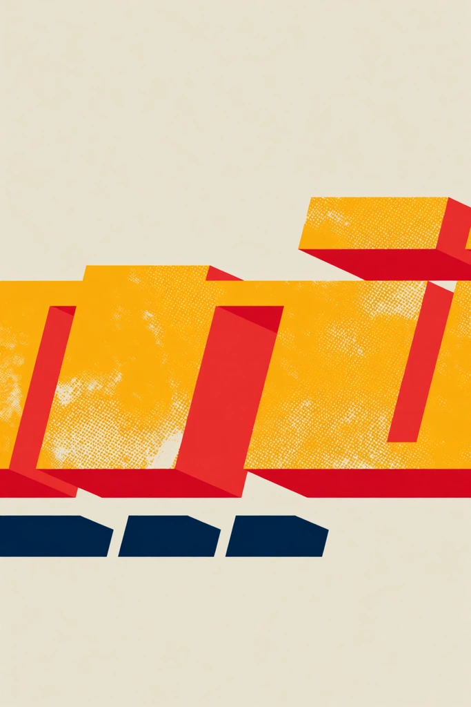 Abstract, sharply angled geometric forms arranged horizontally on a light beige background. The main structures are golden-yellow with vibrant red 3D extruded shadows, creating architectural depth. A distressed halftone dot texture covers the yellow surfaces, evoking a retro print aesthetic. Below these sits a smaller row of solid navy-blue rectangular blocks. The minimalist composition relies on flat colors and stylized dimensional shading.