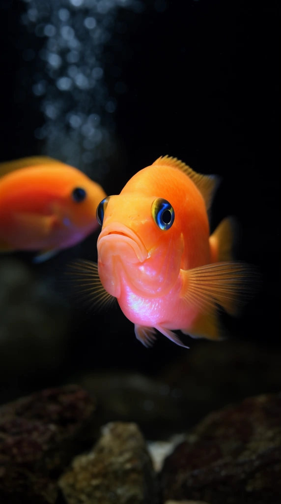 A vibrant orange fish dominates the foreground, looking forward with a pouty mouth and striking blue-ringed eyes. Its underbelly catches a soft pink iridescent glow against the deep black aquatic environment. A second blurred orange fish swims left behind a faint stream of rising bubbles. Shot with a macro lens, the shallow depth of field and high-contrast lighting sharply isolate the glowing central subject above out-of-focus rocks at the bottom.