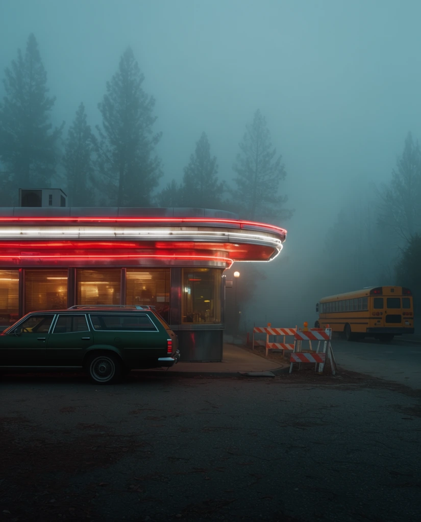 A fog-shrouded retro diner stands on a desolate street corner at dusk, illuminated by glowing red and white neon tubes along its curved awning. A dark green vintage station wagon parks out front. To the right, striped construction barriers and a yellow school bus sit idle on the misty road. Cinematic cyan fog obscures background pine trees, contrasting sharply with the warm neon lighting in this wide-angle, low-perspective shot.
