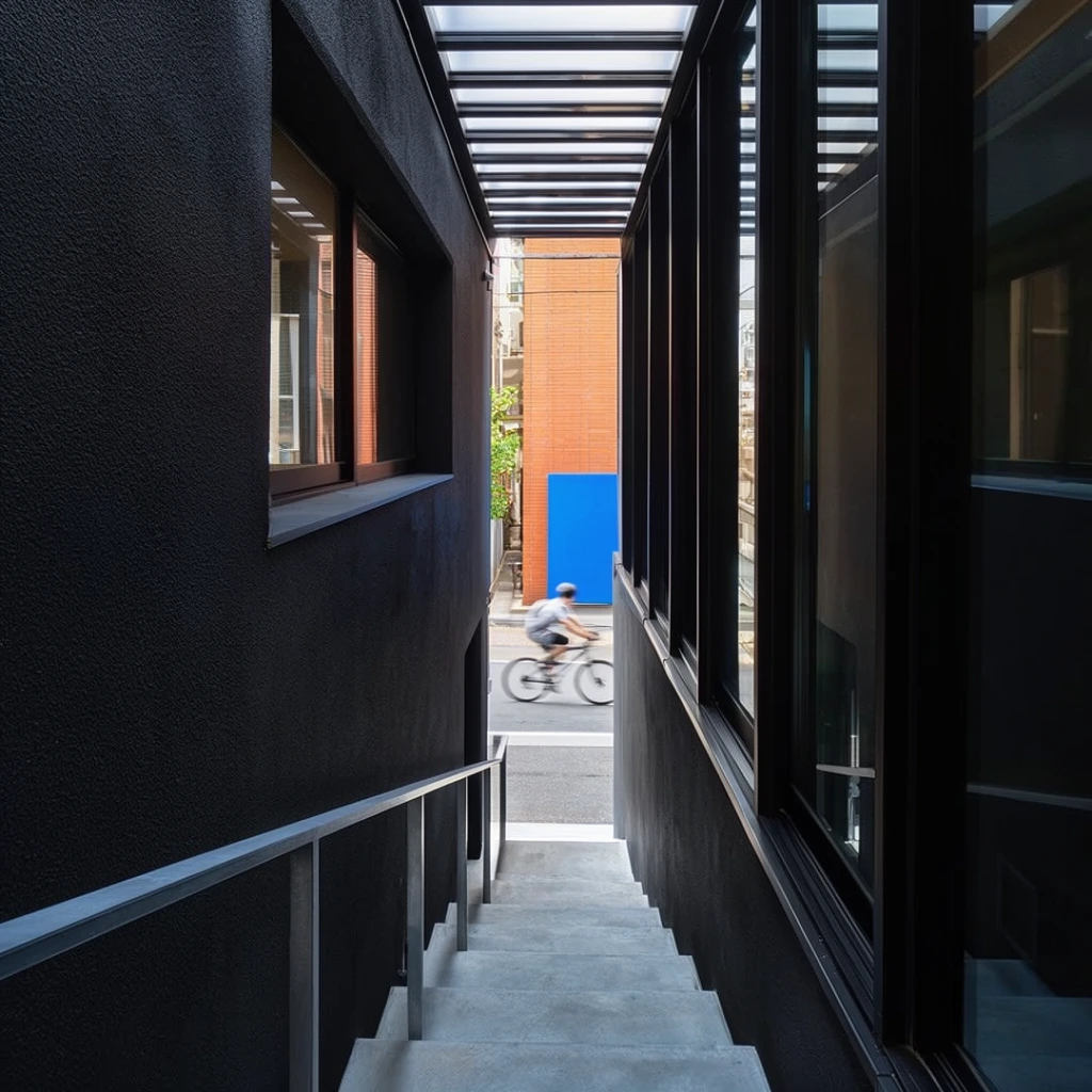 A narrow outdoor staircase descends between modern buildings, framing a bright city street. The passage features a textured matte-black wall with a recessed window on the left and a dark-framed glass wall on the right. Smooth grey concrete steps lead downward alongside a minimalist metal handrail under a translucent slatted roof. At the end of the shadowed corridor, an urban scene reveals an orange brick facade, a solid blue rectangle, and a motion-blurred bicyclist crossing a paved road. Strong one-point perspective and natural daylight highlight the contrast between the dark architectural enclosure and the vivid street view.