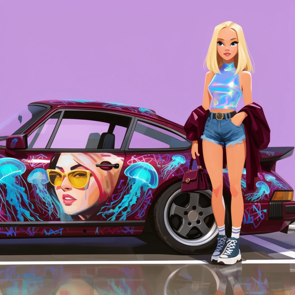 blonde woman in a holographic blue top and denim shorts standing beside a customized burgundy classic sports car, vehicle covered in vibrant cyan jellyfish decals and abstract line graffiti, a painted female face with yellow sunglasses on the car door, woman holding a draped maroon jacket and small handbag, solid flat lavender background, glossy reflective ground with white parking lines, smooth stylized digital illustration, vibrant retro color palette