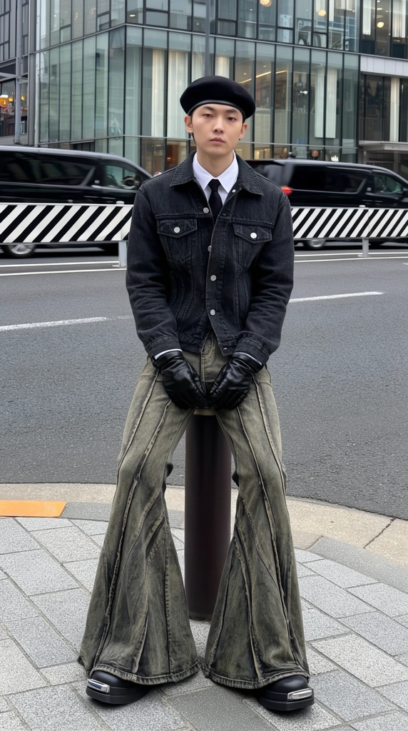 A young man leans casually against a dark cylindrical bollard on a paved city corner. He wears a black beret, a dark denim jacket over a white shirt and black tie, black leather gloves, and dramatically flared, distressed olive-grey pants with prominent seam paneling. Chunky black boots with silver toe accents ground the outfit. Behind him, a street intersection features a striped barricade, dark passing vehicles, and a modern glass-fronted commercial building. This full-body street fashion portrait utilizes soft, natural overcast daylight to highlight the avant-garde silhouette and heavy textural layering against the rigid geometric architecture of the urban background.