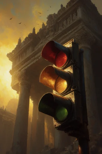 Monumental Industrial Golden Haze style reference image — golden hour atmosphere