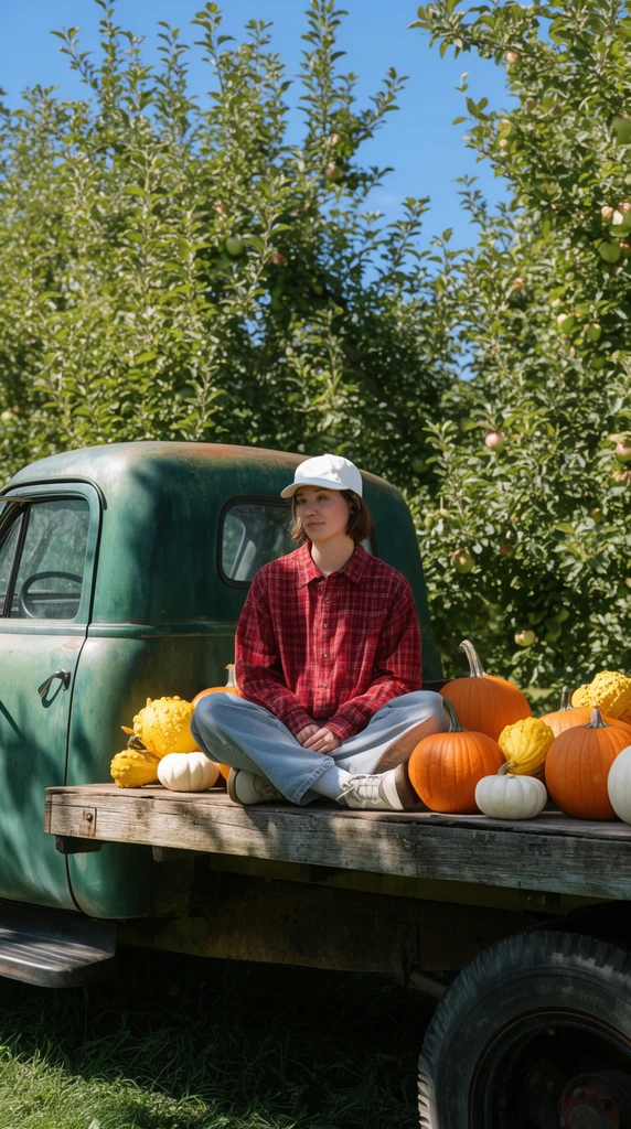 person sitting cross-legged on a wooden flatbed of a faded green vintage truck, surrounded by orange and white pumpkins and yellow gourds, wearing a red plaid shirt and white cap, lush green apple orchard, bright blue sky, dappled sunlight, rustic photography