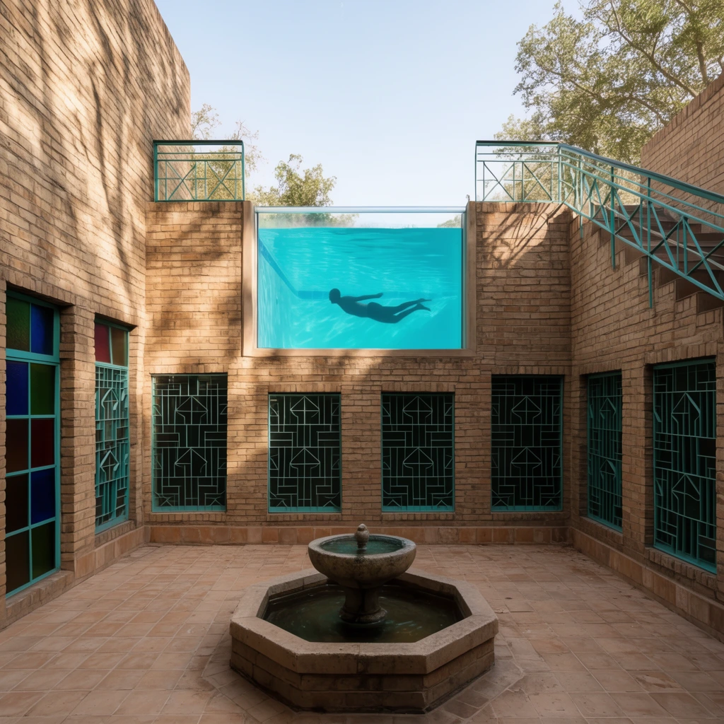 An architectural brick courtyard features an elevated glass-walled swimming pool revealing a silhouetted figure swimming underwater. Textured tan masonry is accented by teal geometric metal window grates, colored glass panes, and a staircase railing. An octagonal stone fountain sits on the tiled floor in the foreground. The central rectangular pool window glows with vibrant cyan water, contrasting with the earthy surroundings and dappled tree shadows cast on the walls. Photographed in natural daylight from a wide, eye-level perspective.