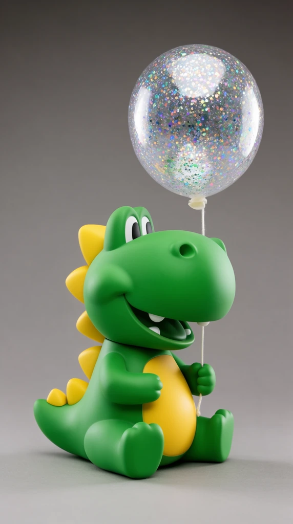 A vibrant green designer toy dinosaur sits on a seamless neutral grey studio backdrop holding a sparkling, transparent glitter balloon. The matte vinyl figure features a bright green body, a rounded yellow belly, and chunky yellow dorsal spikes running down its back. It has large expressive eyes, an open-mouthed smile with small white teeth, and stubby arms gripping a thin white string. The attached spherical balloon is clear and densely packed with iridescent, multicolored glitter. High-end product photography styling utilizes soft, diffused studio lighting that casts gentle highlights on the smooth plastic textures, creates a sharp specular reflection on the glossy balloon, and drops a soft shadow beneath the seated figure.