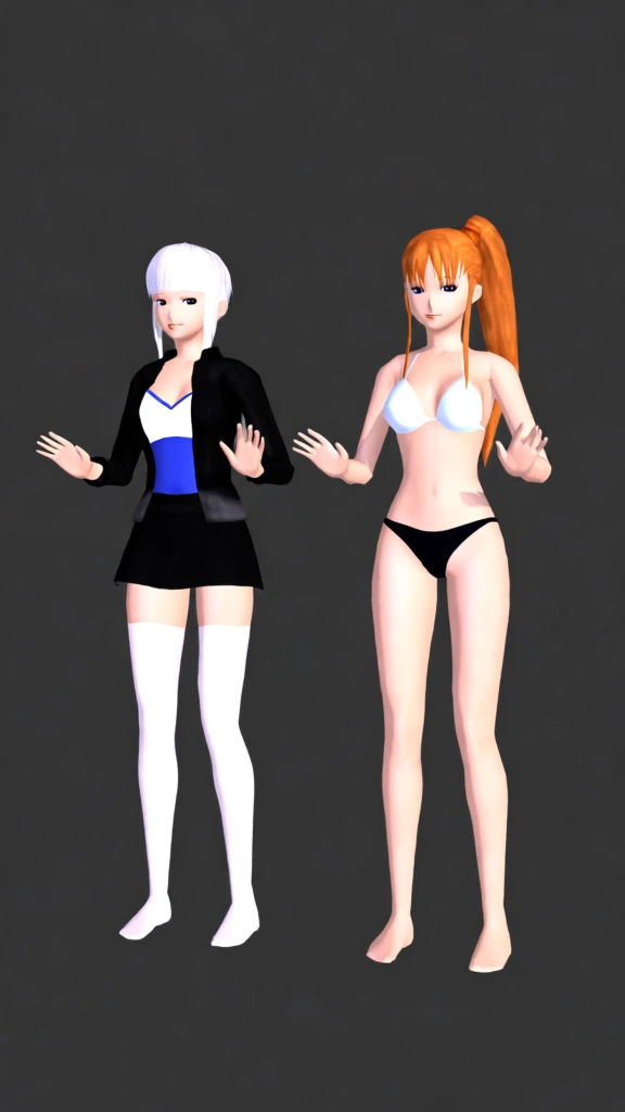 early 2000s CGI render, poser 7 aesthetic, same lighting, same color grading. correct realistic human proportions, natural body anatomy, normal head-to-body ratio, no stylization, no exaggerated limbs. keep exact same composition and pose. keep exact same right character unchanged. left character: change hairstyle only. white hime cut hairstyle, straight blunt bangs, sharp jaw-length side locks, long straight back hair, pure white hair, no orange tones. preserve same face.