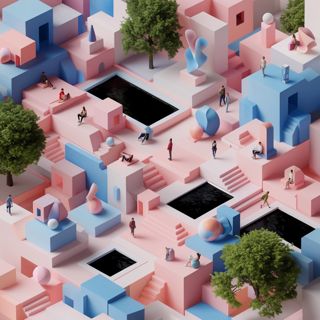 isometric 3D render of a surreal modular city, pastel pink and blue cubic buildings, miniature people walking and lounging, rectangular pools with stark black water, scattered green trees, abstract geometric sculptures, clean soft lighting, architectural model aesthetic