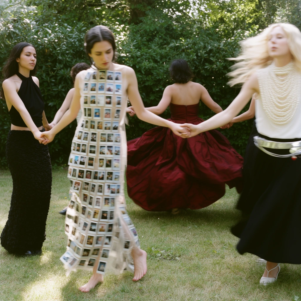 Five women hold hands in a dynamic circular dance on a sun-dappled grassy lawn. The central barefoot figure wears an avant-garde sheer dress completely covered in grid-like rows of small instant photographs. To her right, a fast-moving blonde woman in a pearl-draped white top, silver belt, and black skirt exhibits pronounced motion blur. On the left stands a woman in a black halter top and textured maxi skirt. Behind them, a figure in a swirling, voluminous dark red strapless dress faces away toward a dense backdrop of lush green bushes. The daytime outdoor photography utilizes soft focus and natural lighting to emphasize kinetic energy and highly eclectic fashion design.