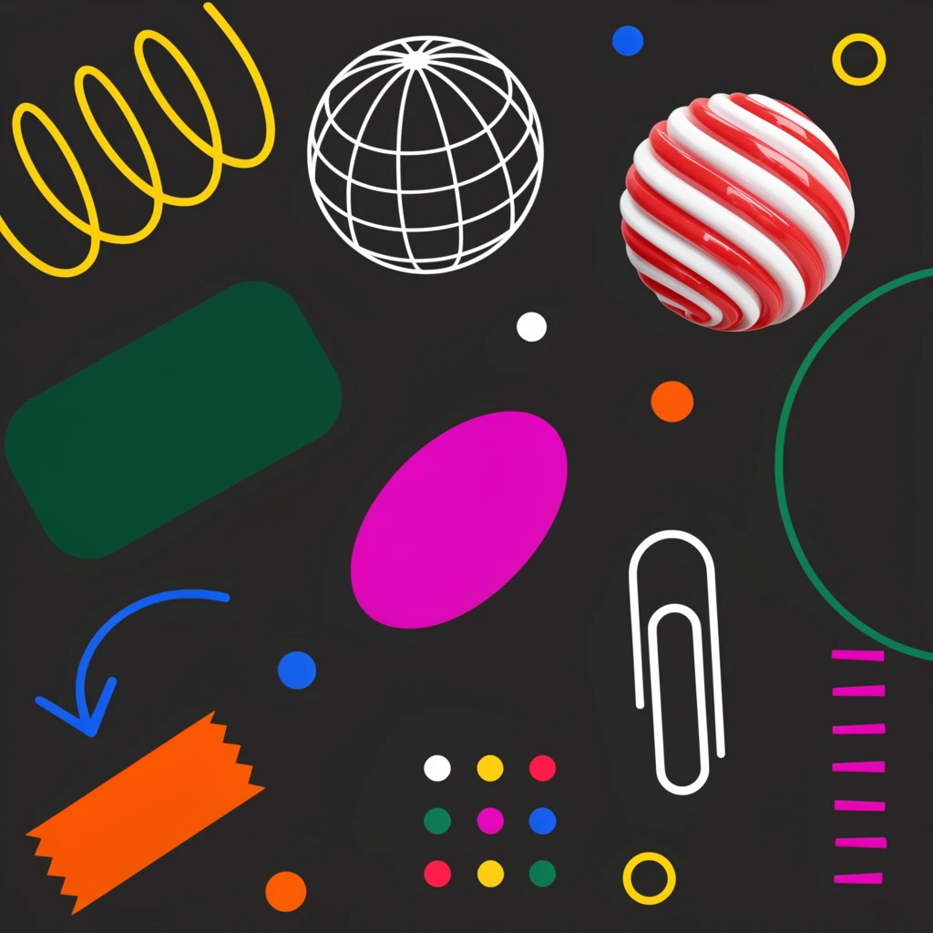 A vibrant abstract graphic design composition on a solid dark gray background, featuring a playful, Memphis-inspired arrangement of floating geometric elements. The layout contrasts flat vector graphics with a single glossy 3D red-and-white swirled sphere in the upper right. Scattered across the canvas are diverse shapes including a yellow line-art coil, a white wireframe globe, a solid dark green rounded rectangle, a bright magenta oval, and a white paperclip outline. A blue curved arrow points toward a jagged orange rectangular shape. The right edge features a large thin green circular outline and a vertical stack of short magenta dashes. A tight grid of six small colorful dots sits near the bottom, while tiny solid circles and hollow rings in blue, white, orange, and yellow dot the negative space. The high-contrast palette of vivid primary and secondary colors pops intensely against the dark backdrop, creating a dynamic visual collage.