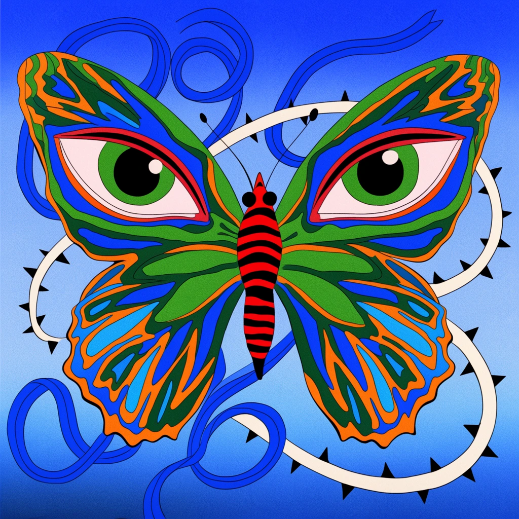 surreal butterfly with human eyes on upper wings, red and black striped body, vivid green blue and orange wing patterns, intertwined white vines with sharp black thorns, swirling blue ribbons, gradient blue background, pop-art illustration, bold outlines, grainy risograph print texture, psychedelic