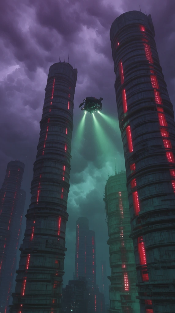 Massive cylindrical brutalist skyscrapers dominate a stormy violet and teal sky. The colossal ribbed concrete structures are illuminated by vertical strips of pulsing crimson neon instead of traditional windows. A dark hovering drone beams intense green searchlights downward through the gap between two towering edifices. The cinematic wide-angle composition emphasizes the crushing scale of the dystopian mega-city under a heavy atmosphere.