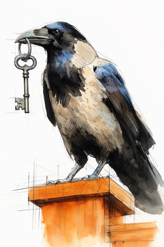 watercolor and ink illustration of a crow in profile facing left, holding a silver skeleton key in its beak, perched on a warm orange wooden block, architectural drafting lines intersecting the wooden structure, feathers rendered with black, beige, and blue washes, fine ink crosshatching, stark white background, mixed media sketch