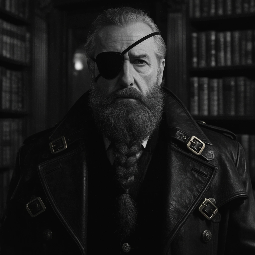 cinematic black and white photography, stern older man with a thick braided beard and dark eyepatch, heavy dark leather trench coat with brass buckles, high contrast chiaroscuro lighting, medium close-up, dimly lit gothic library, soft focus bookshelves background, film noir aesthetic, subtle film grain